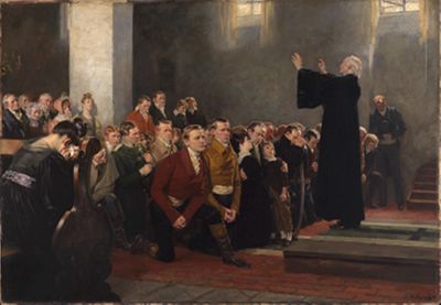 Arthur Kampf - Einsegnung von Lützows Schwarzen Freiwilligen in der Kirche zu Rogau bei Zobten in Schlesien im Jahre 1813