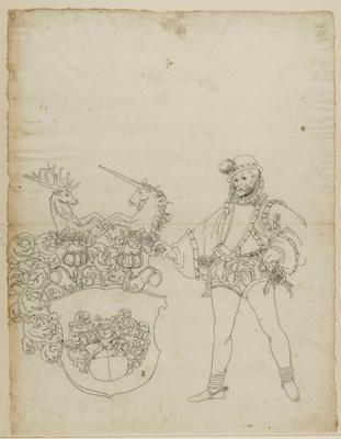 Bartholomäus Lingg - Riss mit Halbartier als Schildbegleiter und leerem Wappenschild, im Oberbild Bärenjagd