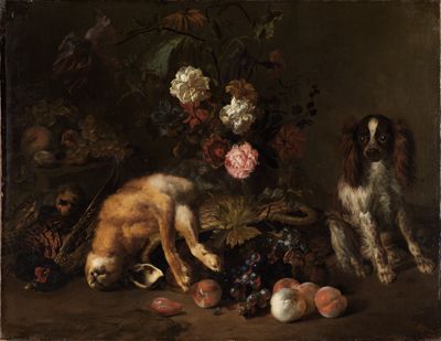 Nicolas de Largillierre - Stillleben mit erlegtem Wild, Blumen, Früchten und einem Spaniel