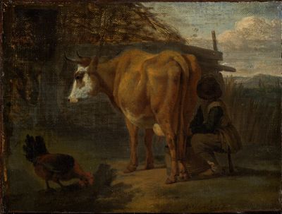 Adriaen van de Velde - Braune Kuh von einem Hirten gemolken