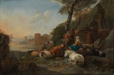 Joh. Heinrich Roos - Hirtenfamilie mit lagernder Herde in südlicher Landschaft