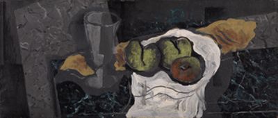 Georges Braque - Stilleben mit Glas, Brot und Früchten auf Marmorplatte