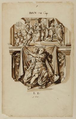 Bartholomäus Lingg (zugeschrieben) - Riss mit Schildhalter und nicht identifiziertem Wappen, im Oberbild ländliche Szenen