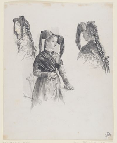Wilhelm Gustav Friedrich Hasemann - Drei Studien nach einem Mädchen in Markgräfler Tracht (32 Illustrationsentwürfe, Blatt 31)