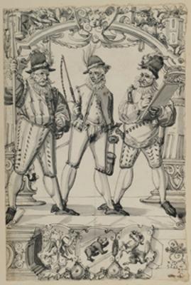 Niklaus von Riedt - Riss mit drei Männern, einer mit Spieß, einer mit Peitsche und einer mit Schreibtafel, darunter die Wappen des Deutschen Reichs, von Bern und Schaffhausen