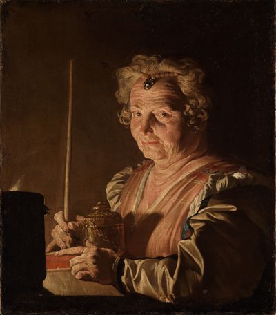Matthias Stomer - Alte Frau mit Buch und Räuchergefäss bei Kerzenlicht