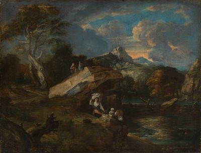 Italienischer Meister - Gebirgslandschaft mit Flußlauf und Weg zwischen Felsen