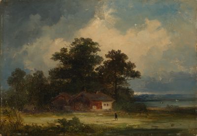 Theodor Verhas - Bauernhaus unter Bäumen an einem bayerischem See