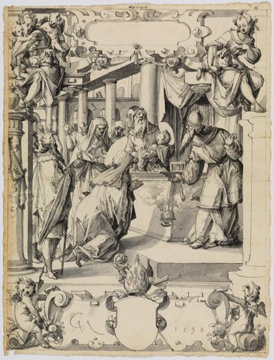 Christoph Murer - Riss mit Darstellung Christi, darunter leerer Schild eines Abtswappens, in den o. Eckbildern Caritas und Patientia,