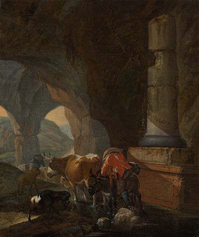 Joh. Heinrich Roos - Hirt und Herde in einer Berghöhle mit antikem Mauerwerk