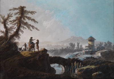 Jean Pillement - Bergige Landschaft mit einem überbrückten Wasserlauf und Hirten mit ihrer Herde (Der Winter)