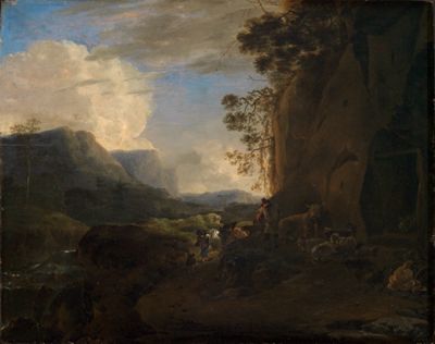 Jan Asselijn - Felsiges Gebirgstal mit Bach und Hirtengruppe