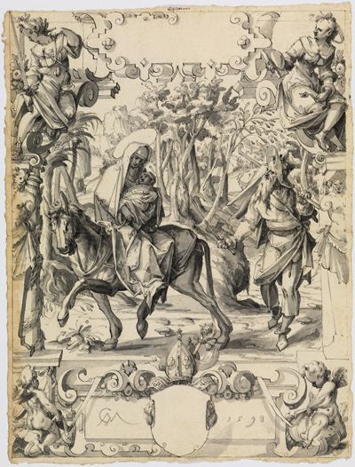 Christoph Murer - Riss mit Flucht nach Ägypten, darunter leerer Schild eines Abtswappens, in den o. Eckbildern Justitia und Prudentia