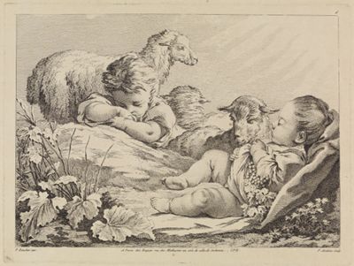 Pierre-Alexandre Aveline - Zwei schlafende Kinder mit Schafen