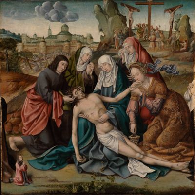 Holländischer Meister - Beweinung Christi mit anbetenden Stiftern