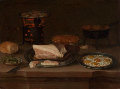 Pierre Antoine Fraichot zugeschrieben - Frühstücksstillleben mit Schinken, Spiegeleiern und Schnecken