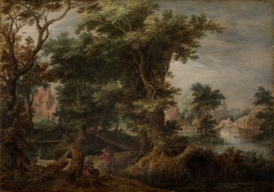 Gillis Claesz. de Hondecoeter - Waldlandschaft mit rastenden Bauern