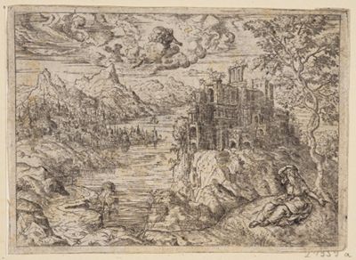 Lautensack-Nachfolge - Landschaft mit Felsenschloss (Gott erscheint Abraham?)