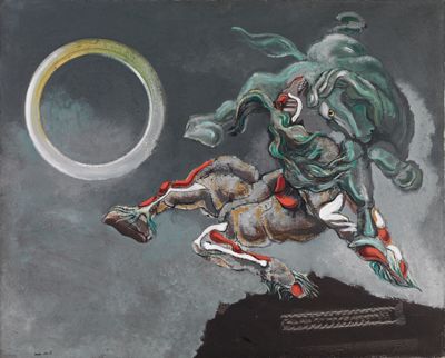 Das Gemälde von Max Ernst zeigt eine geheimnisvolle Figur, die wie eine Mischung aus Mensch und Tier aussieht. Sie scheint von einem starken Wind bewegt zu werden.