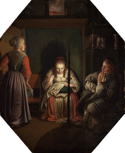 Wolfgang Heimbach - Nähende Frau, Kavalier und Magd bei Kerzenlicht