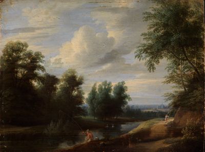 Flämischer Meister - Bewaldetes Flussufer mit einem Angler