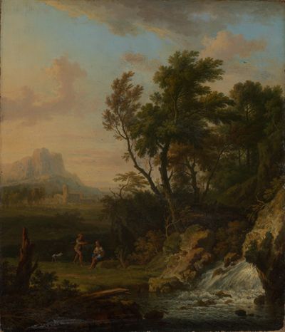 Jan van Huysum - Italienische Landschaft mit Wasserfall und rastenden Hirten