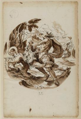 Lorenz Lingg - Entwurf für ein Mittelbild im Rund mit Herkules und dem Nemeischen Löwen