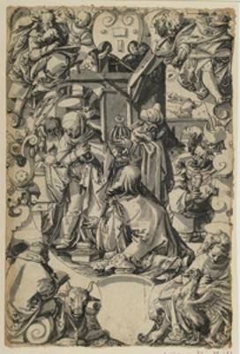 Christoph Murer (Umkreis) - Riss mit Anbetung der Könige, darunter leerer Wappenschild, in den Eckbildern die vier Evangelisten