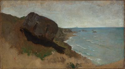 Das Gemälde zeigt eine felsige Küste bei Porto Anzio. Das Meer breitet sich ruhig aus und trifft sanft auf die Felsen. Der Himmel ist weit und klar, mit nur wenigen Wolken.