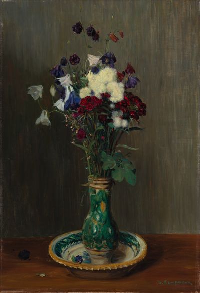 Gustav Kampmann - Akeleien und Nelken in grüner Vase
