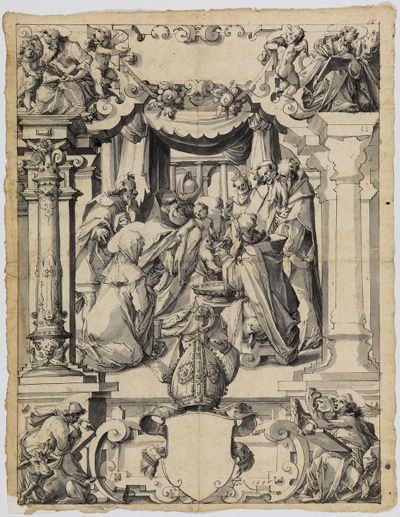 Christoph Murer - Riss mit Beschneidung Christi, darunter leerer Schild eines Abtswappens, in den Eckbildern die vier Evangelisten