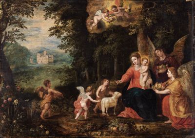 Hendrik van Balen - Werkstatt oder Umkreis (?) - Maria mit dem Kinde, dem Johannesknaben und Engeln in einer Waldlandschaft