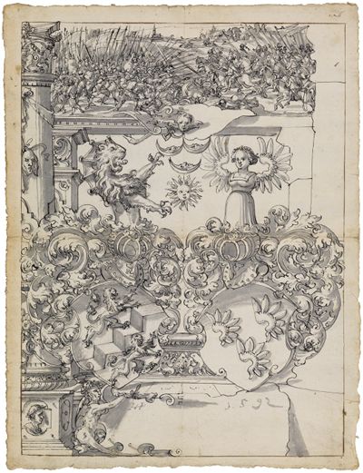 Hans Jakob Plepp - Riss mit Allianzwappen von Diesbach/von Wattenwyl, im Oberbild Kampf zwischen Fußvolk und Reiterei