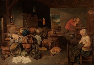 David Ryckaert (1612) - Inneres eines Bauernhauses mit einer am Spinnrocken eingeschlafenen alten Frau
