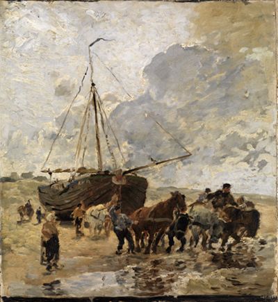 Hermann Baisch - Katwijker Fischer ziehen einen Bom aus dem Schuitengat ins Wasser