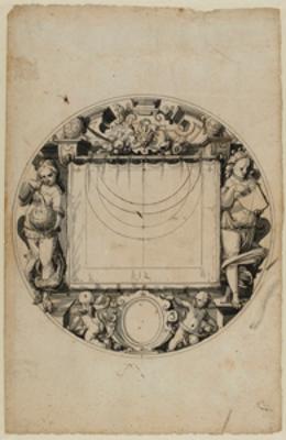 Christoph Murer - Riss für Rundscheibe in Form einer Sonnenuhr, flankiert von Astrologie und Geometrie