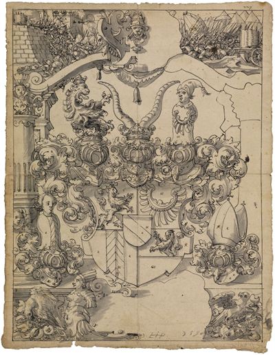 Hans Jakob Plepp - Riss mit Wappen der Markgrafen von Baden-Durlach, im Oberbild Erstürmung einer Stadt