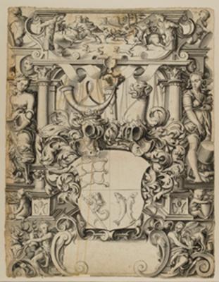 Bartholomäus Lingg (zugeschrieben) - Riss mit Wappen Herzog Ludwig von Württemberg, flankiert von Fortitudo und Prudentia, im Oberbild Hirschjagd