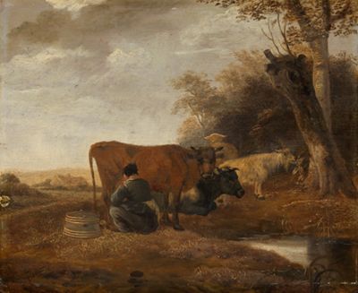 Hendrik Mommers zugeschrieben - Weidendes und ruhendes Vieh mit einer Kuhmelkerin