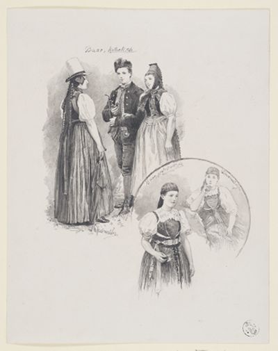 Wilhelm Gustav Friedrich Hasemann - Zwei Gruppen Mädchen und ein junges Paar in verschiedenen Trachten aus der Baar und Schwenningen (32 Illustrationsentwürfe, Blatt 27)