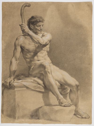 Anton Raphael Mengs - Sitzender männlicher Akt, schräg nach rechts, mit der Linken eine kleine Keule emporhaltend