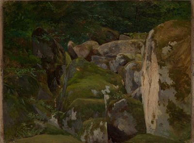 Eugen Bracht - Bemooste Felsen im Waldtal