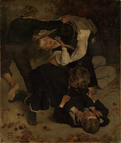 Das Gemälde von Hans Thoma zeigt zwei Jungen, die sich in einem spielerischen Streit befinden.