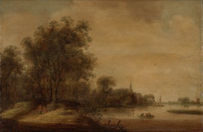 Wouter Knijff (1606) - Flusslandschaft mit einem Dorf unter Weiden