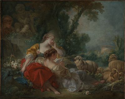 In dem Gemälde von Boucher hat ein Bote einer jungen Schäferin einen Liebesbrief überbracht. Aus dem Hintergrund beobachtet er, wie die Freundin der Angebeteten den Brief vorliest.