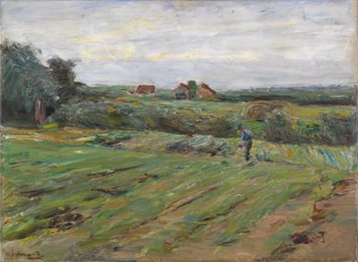 Auf dem großen Feld arbeiten Menschen und ernten das Getreide. Einige bücken sich, andere tragen Garben.