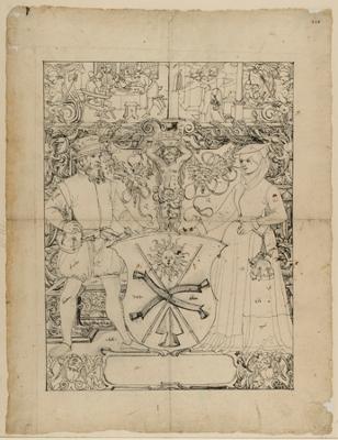 Bartholomäus Lingg - Riss mit Schildbegleiterpaar und Gerberwappen, im Oberbild Tischgesellschaft, Küchenszene