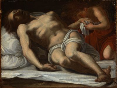Annibale Carracci (Nachfolger) - Der tote Christus, von einem Engel betrauert