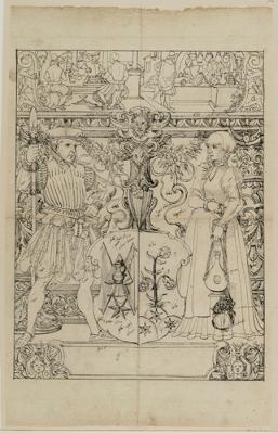 Bartholomäus Lingg - Riss mit Schildbegleiterpaar und Tucherwappen, im Oberbild Brettspiel und Ladenszene