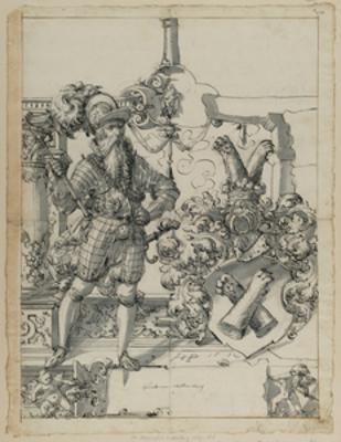Hans Jakob Plepp - Riss mit Hauptmann als Schildbegleiter und Wappen von Wellenberg